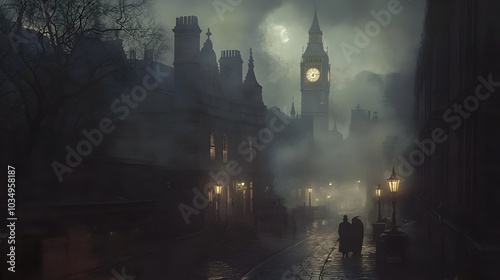 Fog Shrouded Victorian London Street at Mysterious Nightfall