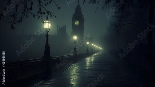 Foggy Victorian Era London Street at Night with Glowing Street Lamps