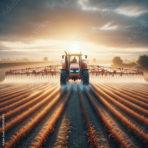 Obraz na płótnie Modern Tractor Spraying Pesticides in a Crop Field at Sunset, Highlighting Advanced Agricultural Techniques with Precision Spraying and Warm Rural Landscape Under a Colorful Sky w salonie