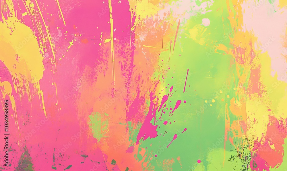 Fototapeta premium Abstract paint splatter in pink, yellow, and green.