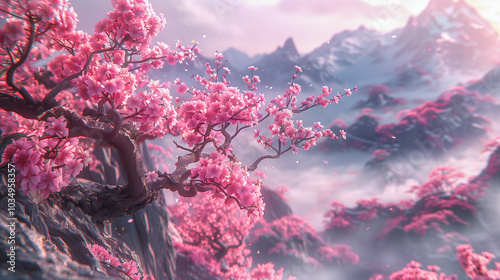 Blooming Pink Cherry Blossoms in a Misty Mountain Landscape..