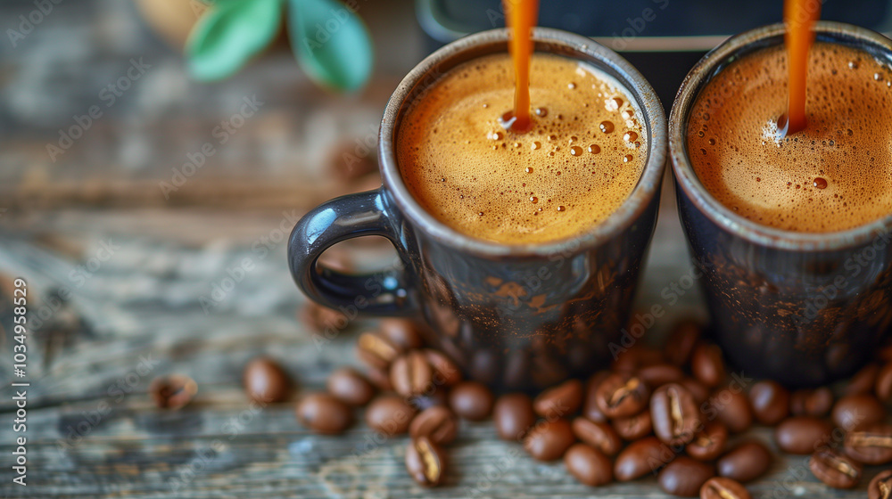Freshly Brewed Coffee Pouring into Mugs Surrounded by Coffee Beans.. Freshly Brewed Coffee Pouring into Mugs Surrounded by Coffee Beans..