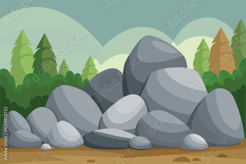 Natural wall stones and smooth and rounded grey rocks. Element of forests, mountains and caves with cobblestone. Cartoon vector illustration