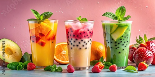 Refreshing Bubble Tea Delight with Fresh Mint and Fruits on a Pink Backdrop