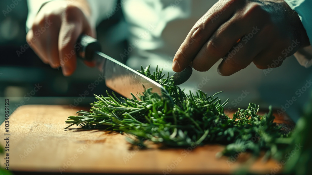 Chef slicing fresh herbs on wooden cutting board in professional kitchen Chef slicing fresh herbs on wooden cutting board in professional kitchen