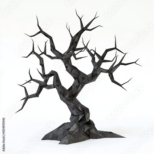 3D Render, Low Poly style of a spooky tree with twisted branches, on isolated white background photo