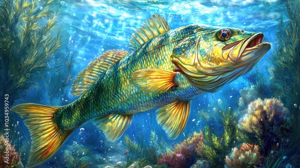 Vibrant largemouth bass with shimmering scales swimming in a clear freshwater environment, showcasing its beauty. Vibrant largemouth bass with shimmering scales swimming in a clear freshwater environment, showcasing its beauty.