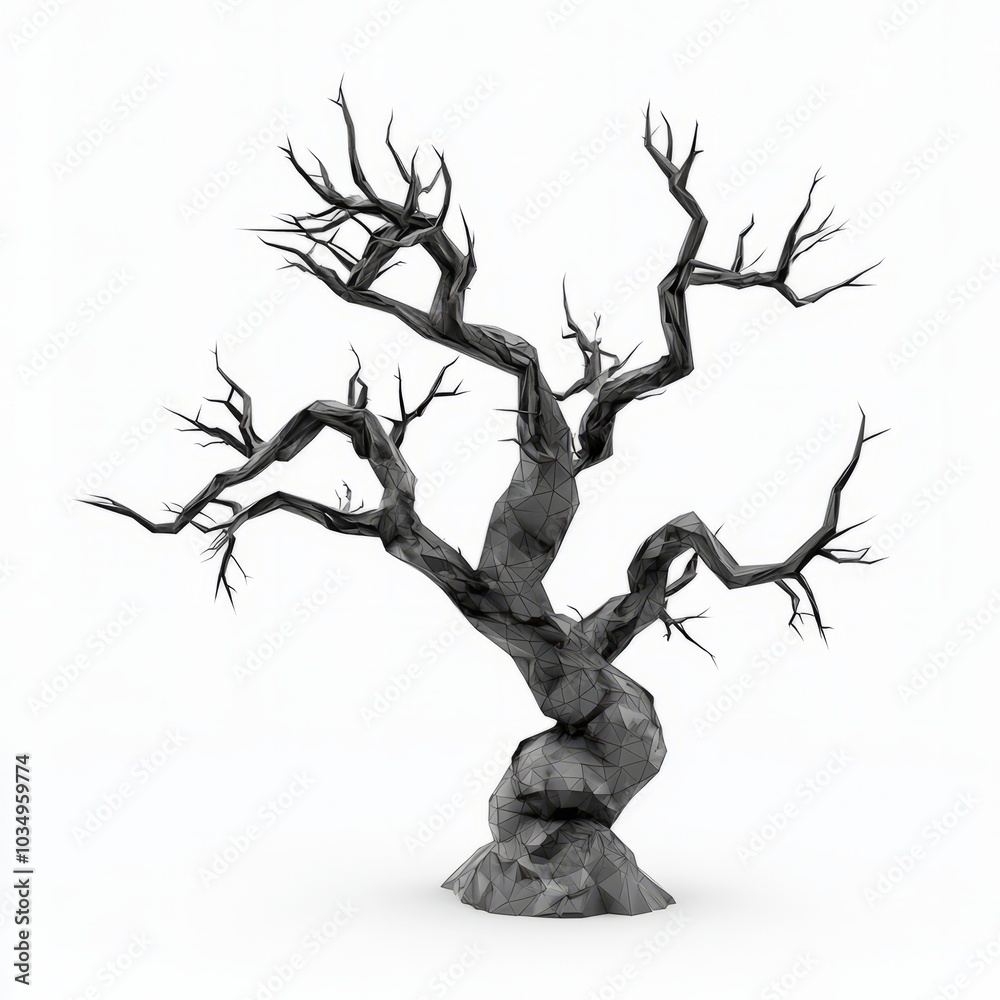 3D Render, Low Poly style of a spooky tree with twisted branches, on isolated white background 3D Render, Low Poly style of a spooky tree with twisted branches, on isolated white background