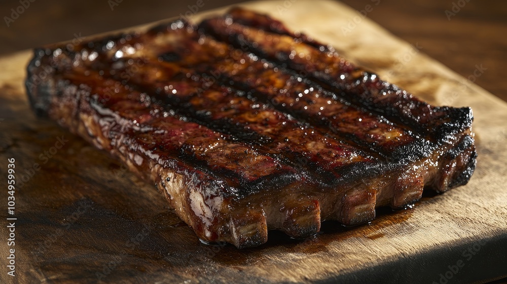 Savory beef BBQ ribs resting on a wooden cutting board Savory beef BBQ ribs resting on a wooden cutting board
