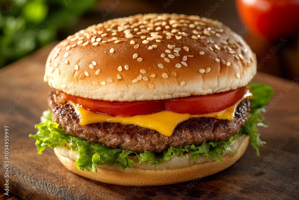 Juicy beef burger with cheese and fresh lettuce at a cozy diner Juicy beef burger with cheese and fresh lettuce at a cozy diner