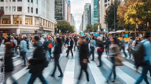 Fototapeta Naklejka Na Ścianę i Meble -  A bustling city street with commuters during rush hour, City street scene, Urban and metropolitan style