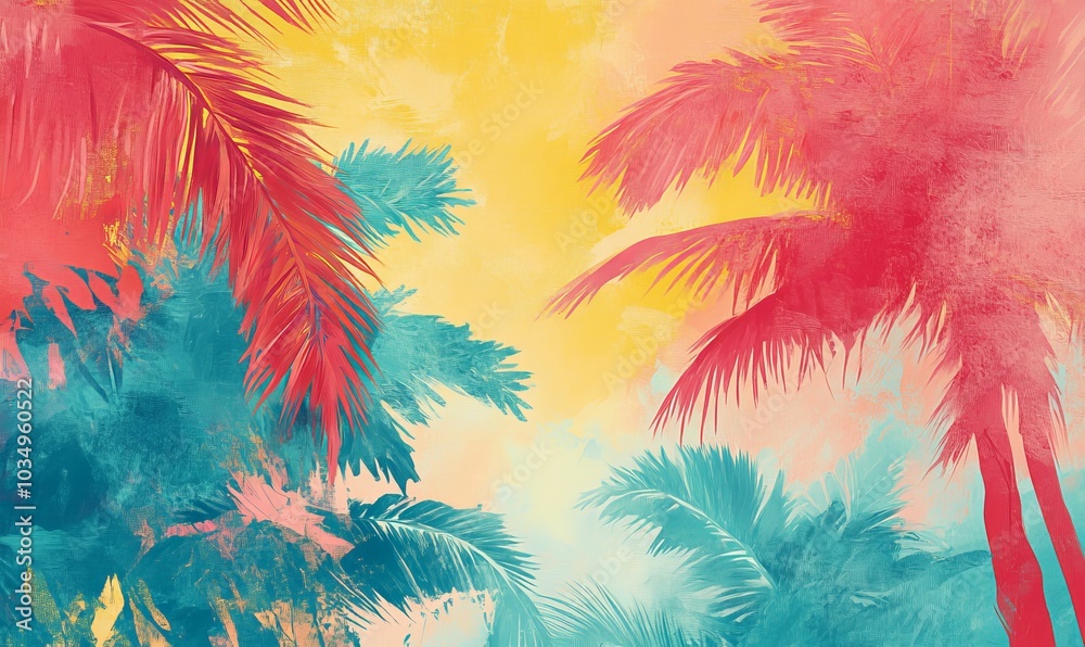 Abstract painting of palm trees with colorful leaves.