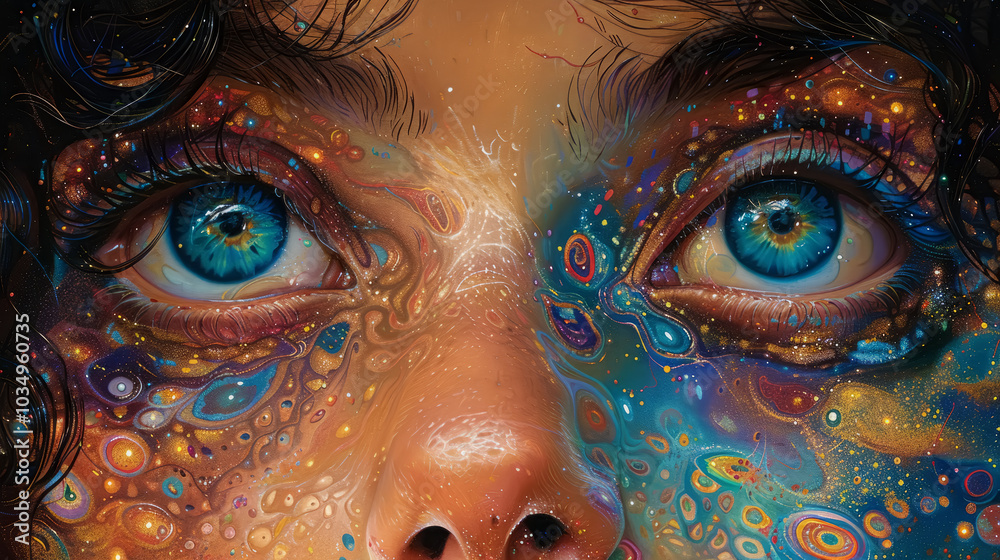 Abstract artwork with vivid eyes enfolded by vibrant, cosmic patterns, giving a dreamy and surreal feeling, Generative AI