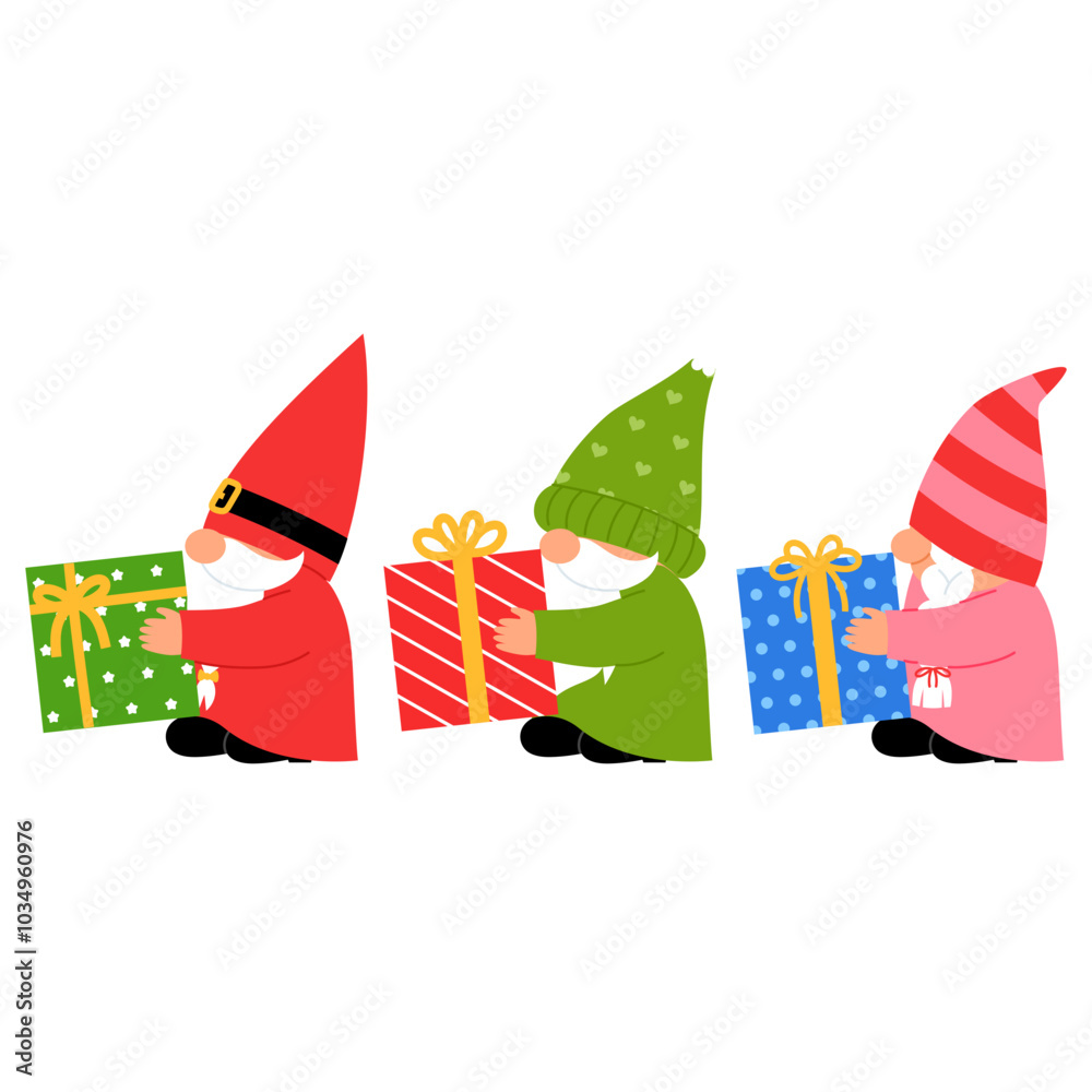 cute 3 gnome is holding christmas tree, gnome in red costume is holding green gift box, gnome is green costume is holding red gift box, gnome in pink costume is holding blue gift box illustration