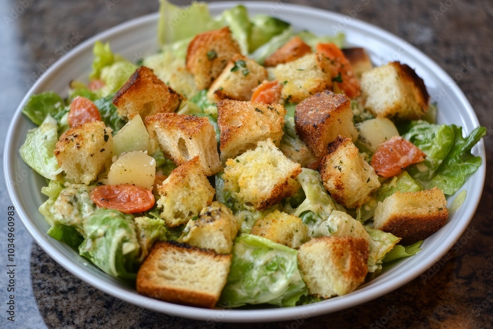 Fresh Caesar salad with croutons and vegetables on a plate Fresh Caesar salad with croutons and vegetables on a plate