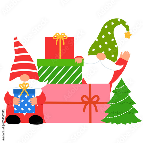cute gnome group is holding a christmas gift illustration