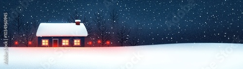 A cozy house with warm lights surrounded by falling snow on a peaceful winter night. photo