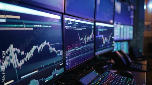 A computer screen showing multiple screens, displaying various content simultaneously, Videos of stocks and shares displayed on multiple computer screens photo