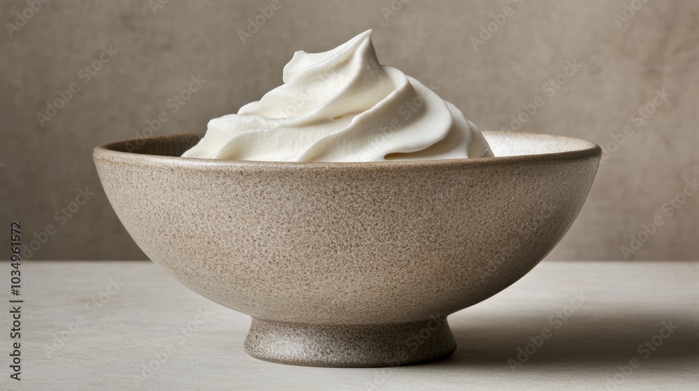 Whipped cream in a ceramic bowl, set against a smooth surface, showcasing its light and airy texture, perfect for culinary creations. Whipped cream in a ceramic bowl, set against a smooth surface, showcasing its light and airy texture, perfect for culinary creations.