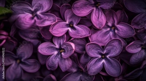 sumptuous purple hues dominate as lilac blossoms fill the frame velvety petals capture subtle light, creating depth dark, moody atmosphere evokes mystery macro details reveal intricate floral