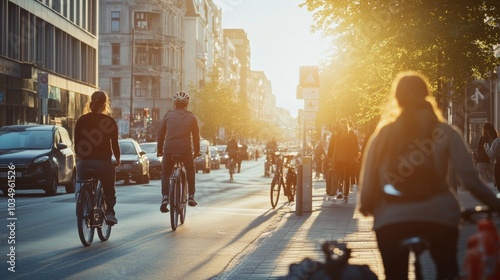 A bustling city street with people using electric bikes and smart wearables, Urban lifestyle theme, Dynamic style photo