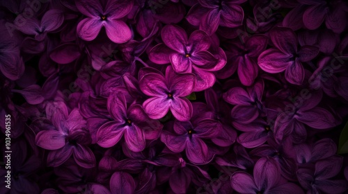 sumptuous purple hues dominate as lilac blossoms fill the frame velvety petals capture subtle light, creating depth dark, moody atmosphere evokes mystery macro details reveal intricate floral