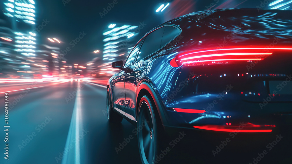 Sleek electric car speeding through neon-lit night cityscape with motion blur Sleek electric car speeding through neon-lit night cityscape with motion blur