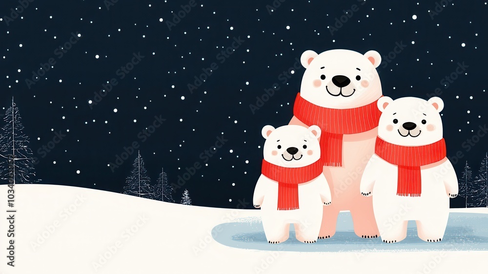 A cheerful illustration of three polar bears wearing red scarves, set against a snowy background and a starry night sky. A cheerful illustration of three polar bears wearing red scarves, set against a snowy background and a starry night sky.