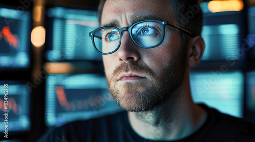 Focused analyst evaluating financial data on multiple screens in modern office