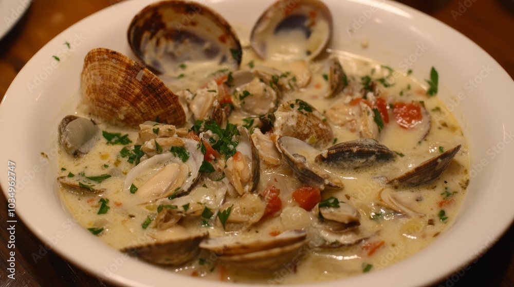Thick clam chowder with herbs served in a bowl at a seafood restaurant Thick clam chowder with herbs served in a bowl at a seafood restaurant