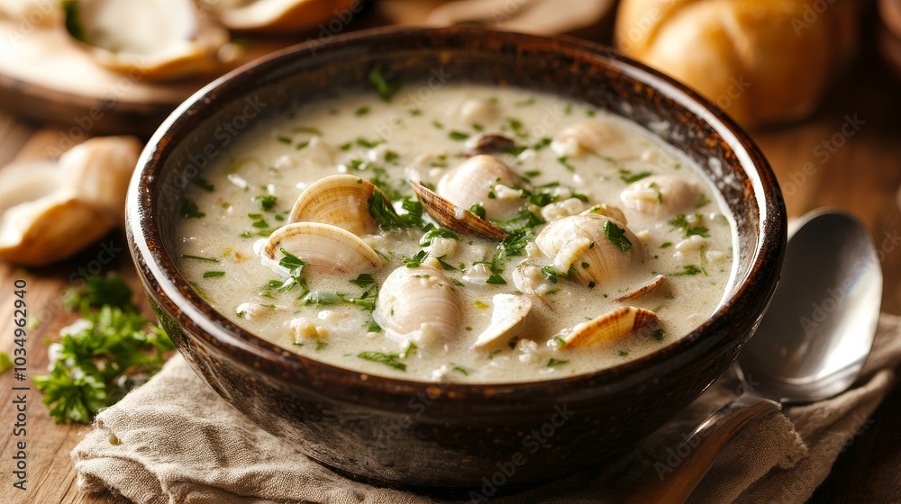 Hearty clam chowder served in a rustic bowl on a wooden table Hearty clam chowder served in a rustic bowl on a wooden table