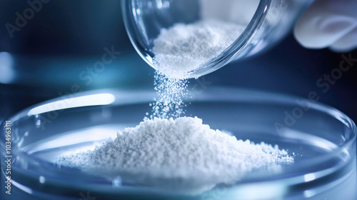 Laboratory research with white powder substance in glass beaker and petri dish on blue background