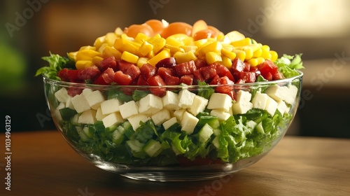 Fresh cobb salad with colorful toppings served in a glass bowl photo