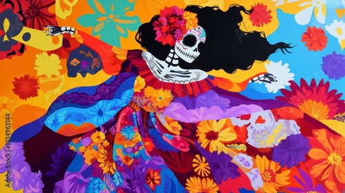 A vibrant senorita twirls in a kaleidoscopic Mexican dress, her raven hair adorned with bougainvillea and marigolds, as she dances amidst papel picado banners at a lively DÃ­a de los Muertos photo