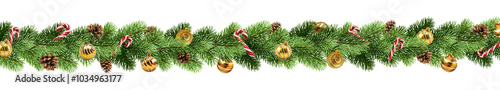 Chritsmas garland with decorations isolated on white