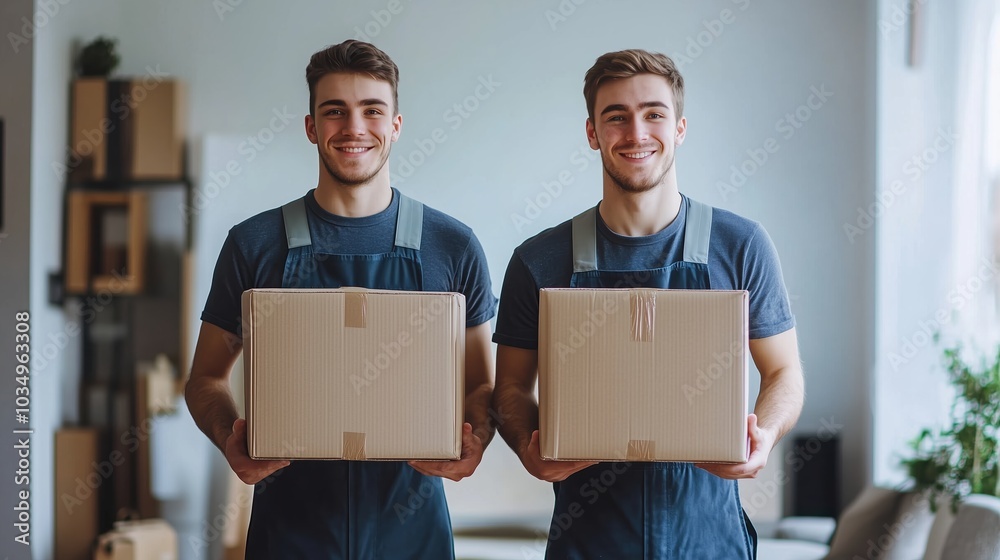 Two young male employees smile brightly while holding boxes in a modern workspace. Their cheerful demeanor showcases teamwork and professionalism in a delivery setting. Two young male employees smile brightly while holding boxes in a modern workspace. Their cheerful demeanor showcases teamwork and professionalism in a delivery setting.
