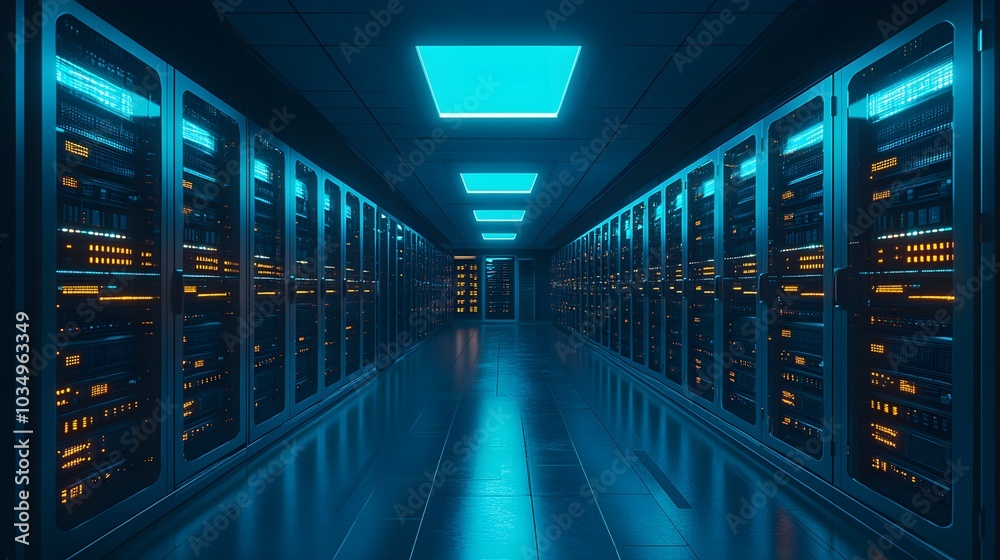 Top view of a modern server room, rows of servers illuminated by cool blue ambient lighting, cables neatly arranged, set against a dark cityscape backdrop
