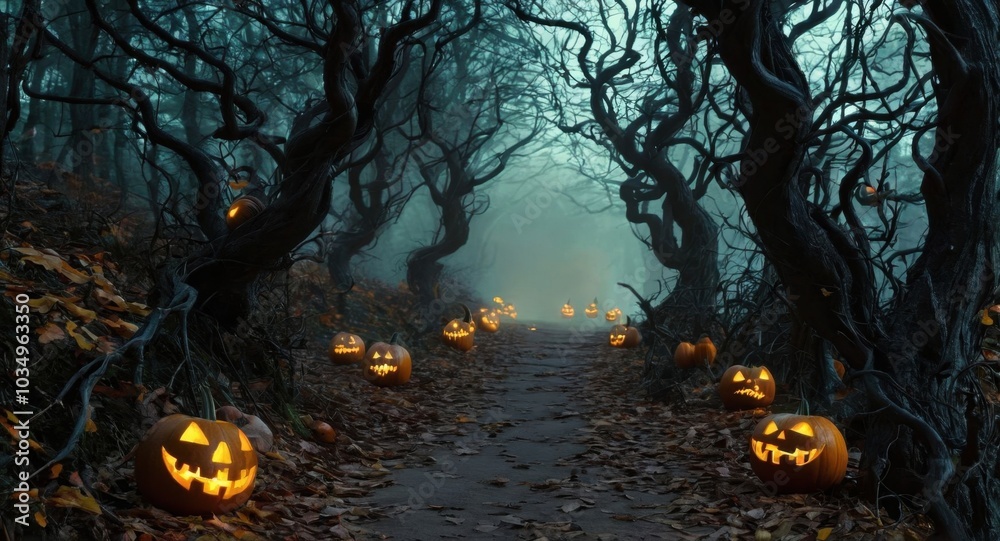 A creepy Halloween-themed forest path with glowing pumpkins A creepy Halloween-themed forest path with glowing pumpkins