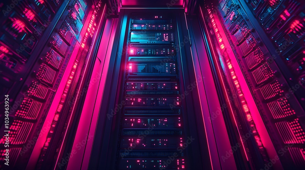 Obraz premium Top-down shot of compact data center modules, illuminated by cool blue lights, representing corporate cloud computing and data storage solutions, Tech, Modern, High Detail