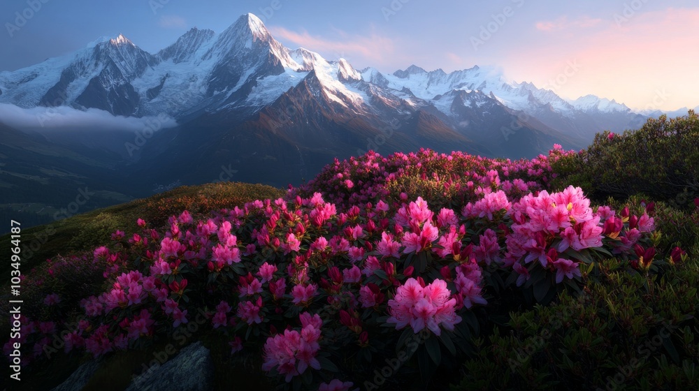 majestic alpine rhododendrons carpet rugged chamonix slopes, their vibrant pink blooms contrasting against snow-capped peaks and misty valleys, captured in ethereal morning light majestic alpine rhododendrons carpet rugged chamonix slopes, their vibrant pink blooms contrasting against snow-capped peaks and misty valleys, captured in ethereal morning light