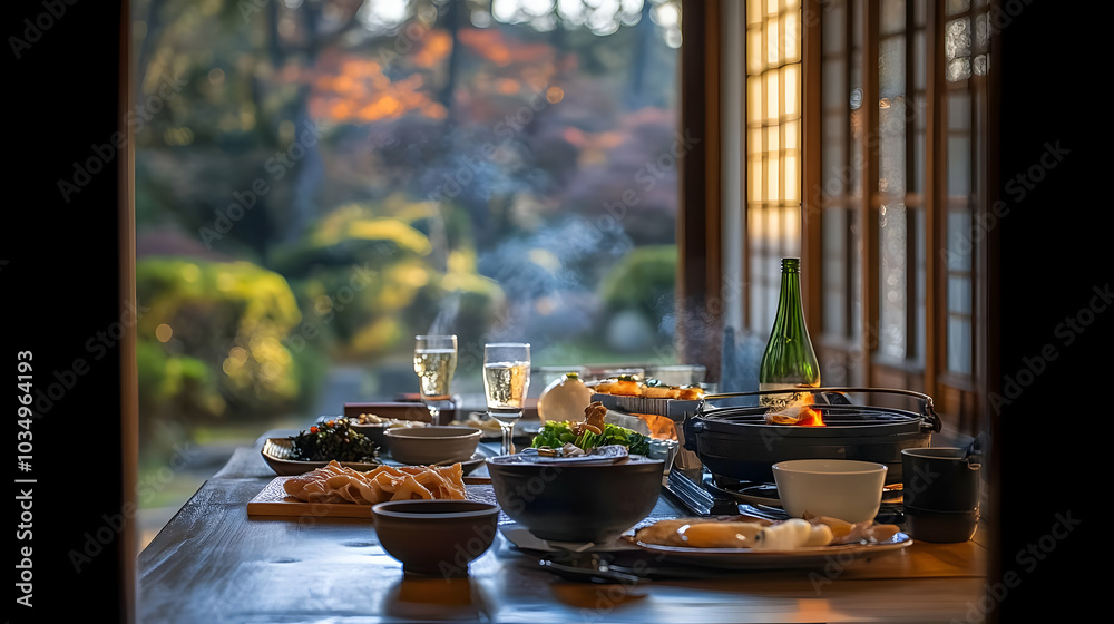 Japanese Autumn Feast: A Delicious Meal with Friends, a View of Nature, and Steam Rising from the Pot Japanese Autumn Feast: A Delicious Meal with Friends, a View of Nature, and Steam Rising from the Pot