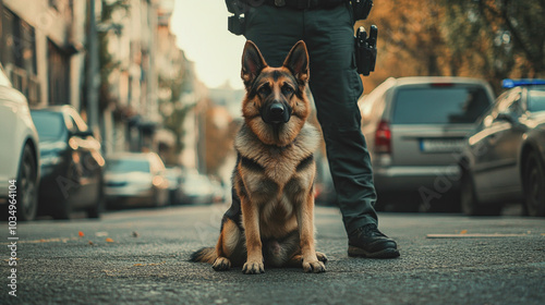 German shepherd with police officer on city street at sunset