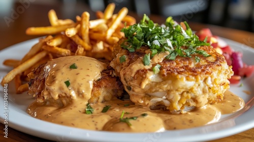 Enjoying crab cakes topped with sauce and paired with fries