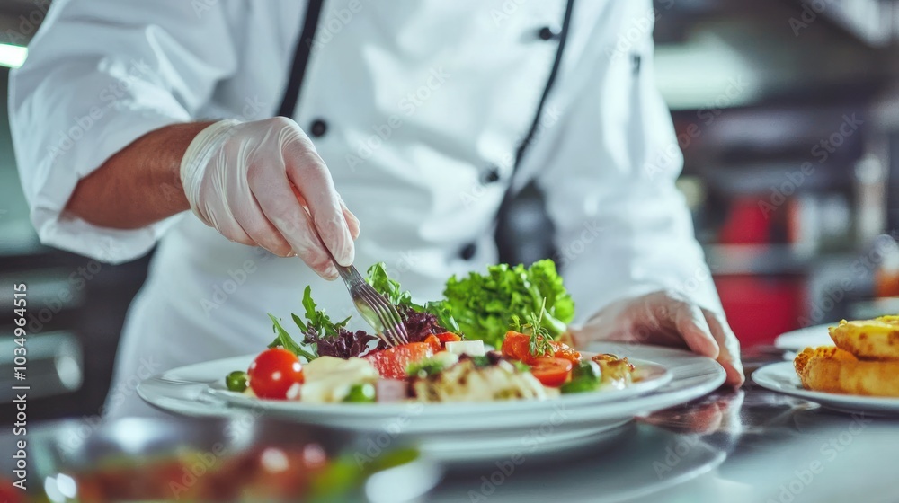 Chef in White Uniform Preparing a Salad with a Fork Chef in White Uniform Preparing a Salad with a Fork