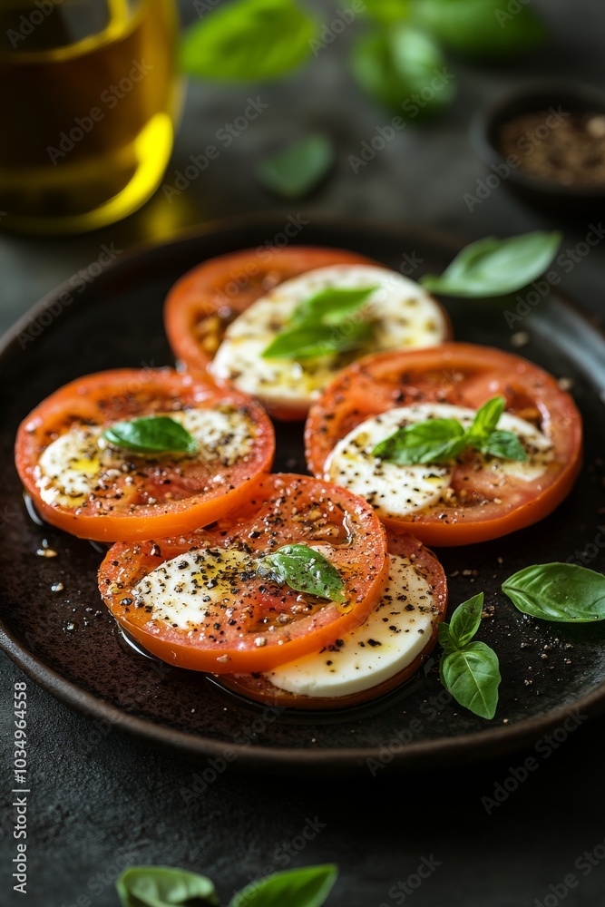 A refreshing Italian salad featuring layers of ripe tomatoes and creamy mozzarella, garnished with fresh basil and drizzled in olive oil, perfect for summer dining A refreshing Italian salad featuring layers of ripe tomatoes and creamy mozzarella, garnished with fresh basil and drizzled in olive oil, perfect for summer dining
