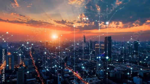 Futuristic Cityscape at Sunset with Digital Network Connections and Glowing Lights Across the Urban Skyline