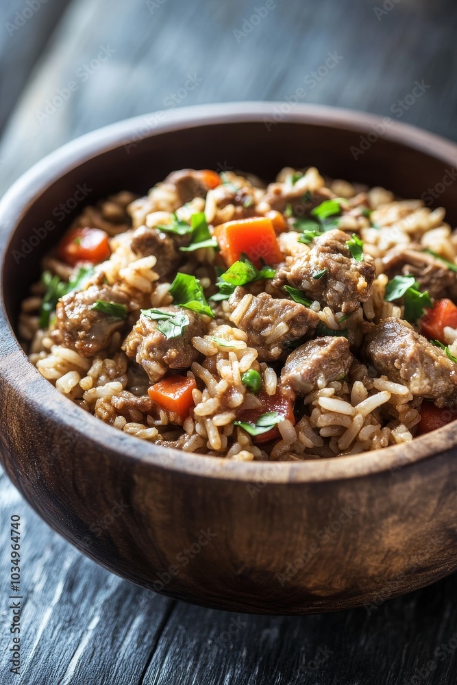Delicious jambalaya with rice and meat served in a wooden bowl Delicious jambalaya with rice and meat served in a wooden bowl