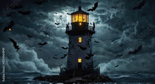 A spooky Halloween-themed lighthouse with glowing windows