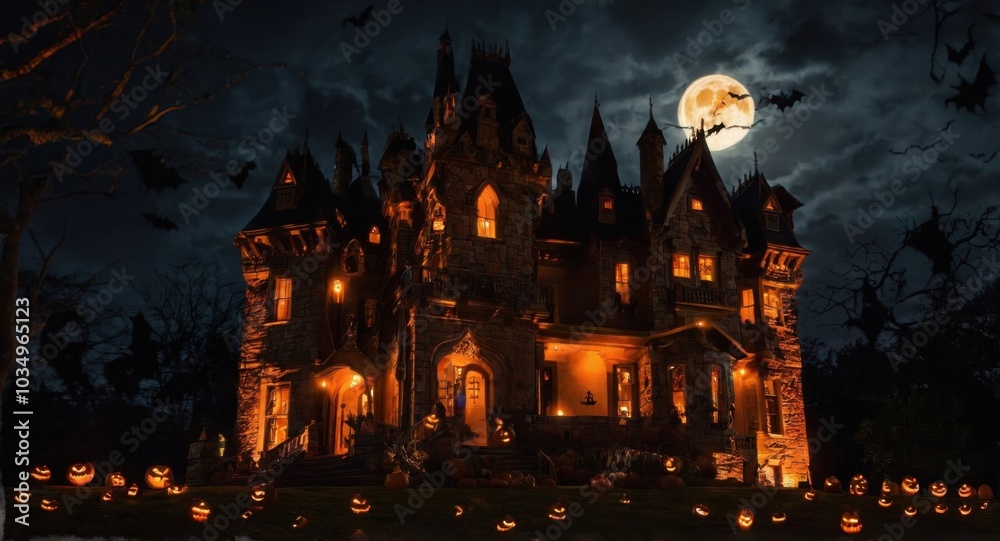 A haunted Halloween-themed castle with glowing jack-o'-lanterns A haunted Halloween-themed castle with glowing jack-o'-lanterns