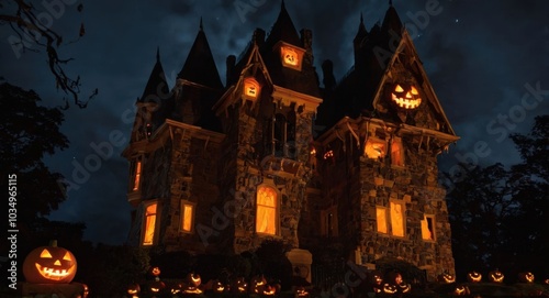 A haunted Halloween-themed castle with glowing jack-o'-lanterns